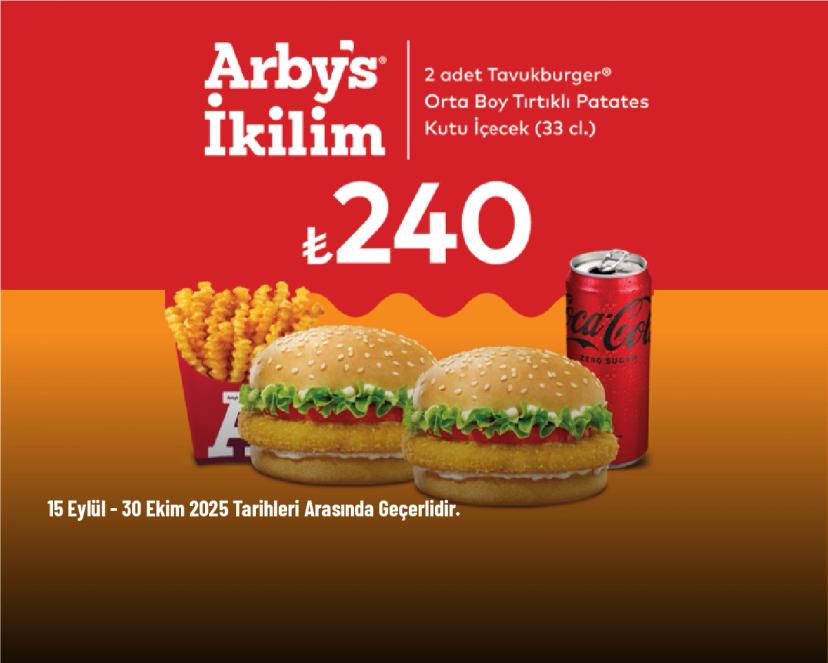 Arby’s Kampanyası - 2 Adet Tavukburger + Tırtıklı Patates (Orta) + Kutu Coca-Cola Sadece 240 TL Arby’s Kampanyası - 2 Adet Tavukburger + Tırtıklı Patates (Orta) + Kutu Coca-Cola Sadece 240 TL