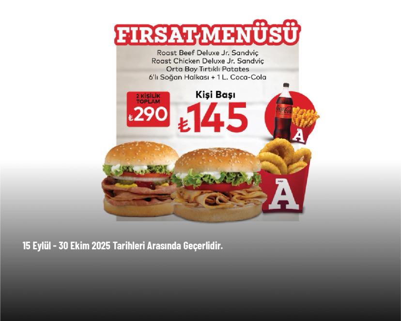 Arby’s Kampanyası - Arby's Fırsat Menüsü Kişi Başı 145 TL'den Başlayan Fiyatlarla Arby’s Kampanyası - Arby's Fırsat Menüsü Kişi Başı 145 TL'den Başlayan Fiyatlarla
