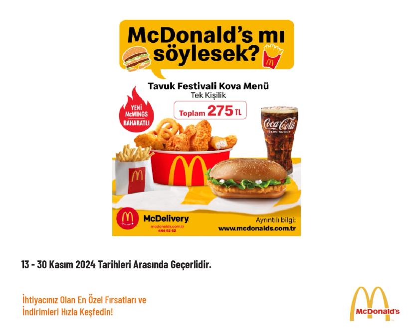 Mc Donalds İndirimi - Tek Kişilik Tavuk Kova Menü Sadece 275 TL