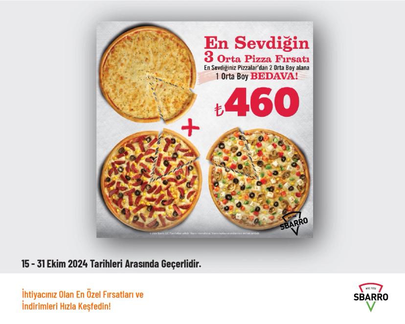 Sbarro Pizza Kampanyası - 2 Adet Orta Boy Pizza Alana 1 Adet Orta Boy Pizza Bedava