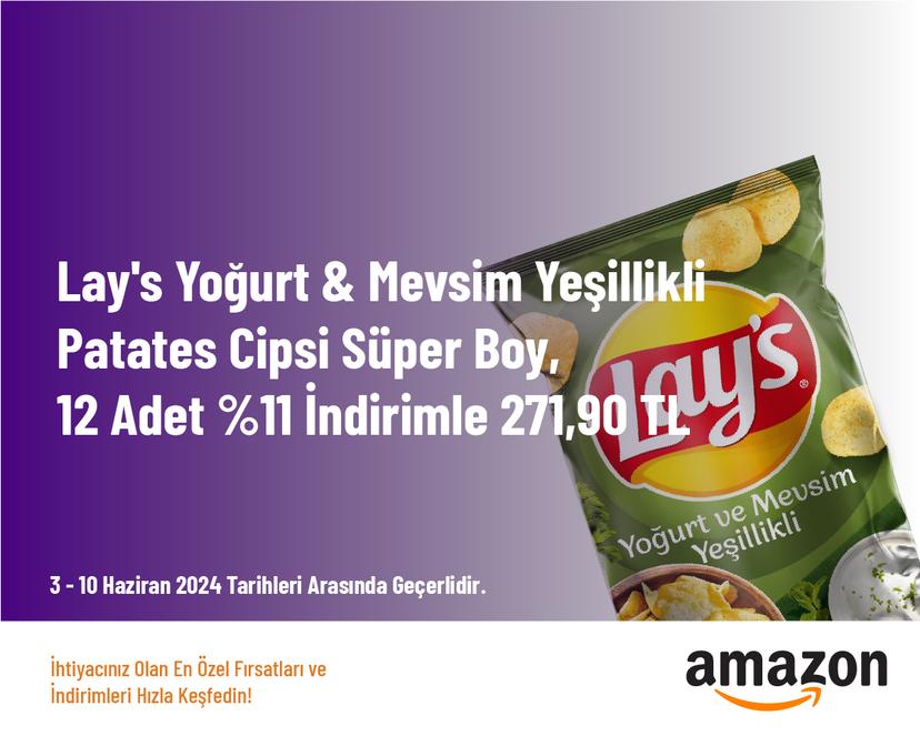 Lay's Yoğurt & Mevsim Yeşillikli Patates Cipsi Süper Boy, 12 Adet %11 İndirimle 271,90 TL