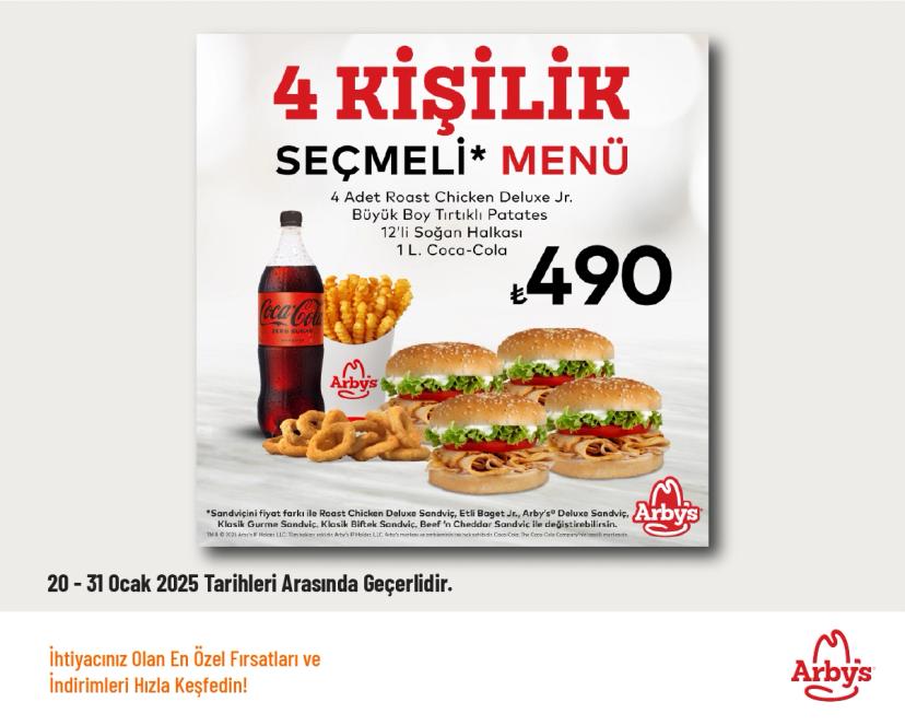 Arby's İndirimi - 4 Kişilik Seçmeli Menü 490 TL'den Başlayan Fiyatlarla