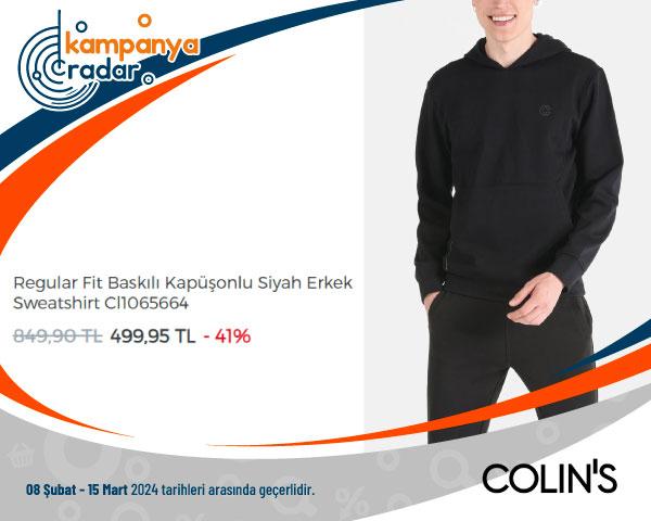  Colin's Regular Fit Baskılı Kapüşonlu Siyah Erkek Sweatshirt