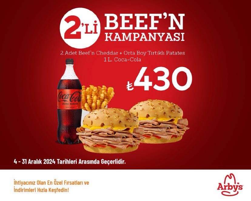 Arby's İndirimi - 2’li Beef’n Menü 430 TL'den Başlayan Fiyatlarla