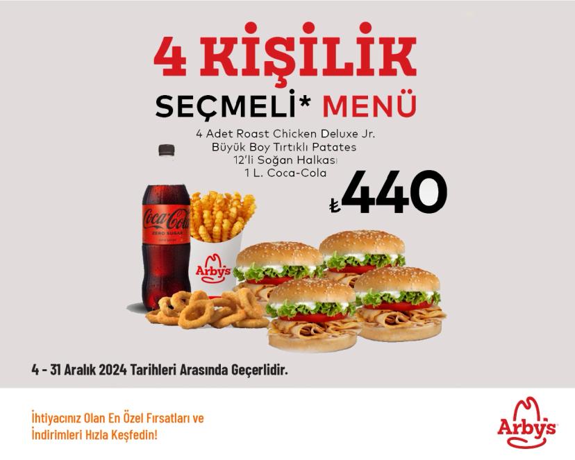 Arby's İndirimi - 4 Kişilik Seçmeli Menü 440 TL'den Başlayan Fiyatlarla