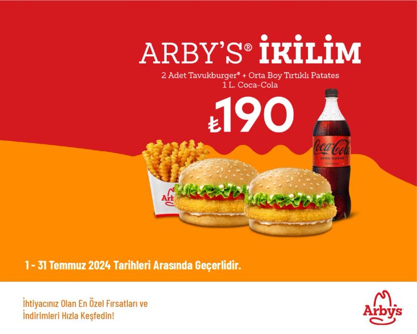 Arby's İndirimi - İkilim Menü 190 TL'den Başlyan Fiyatlarla