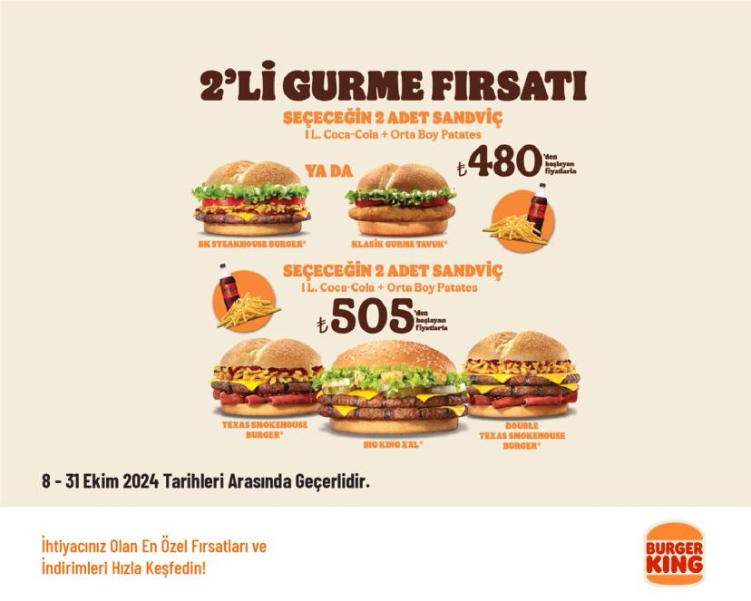 Burger King İndirimi - 2'li Gurme Menüler 480 TL'den Başlayan Fiyatlarla