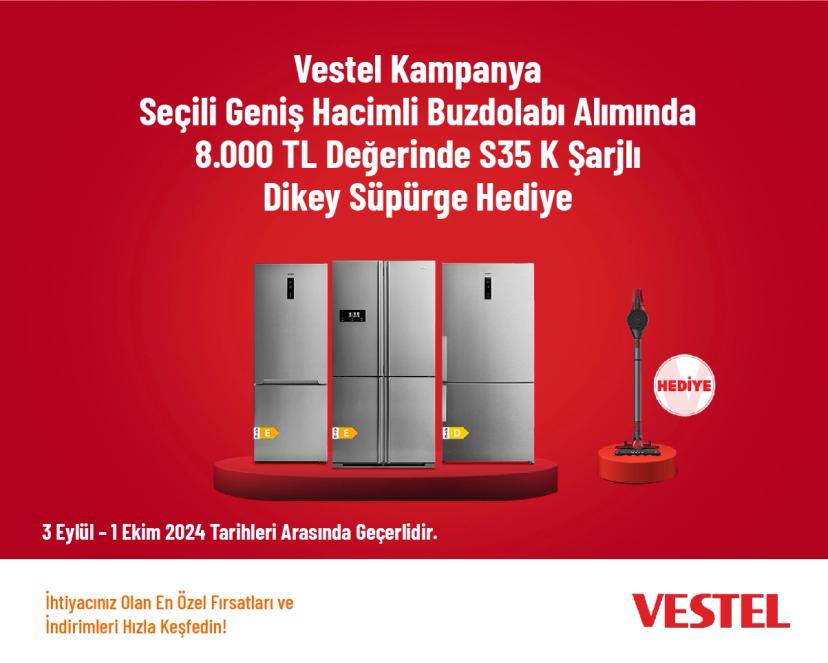 Vestel Kampanya - Seçili Geniş Hacimli Buzdolabı Alımında 8.000 TL Değerinde S35 K Şarjlı Dikey Süpürge Hediye