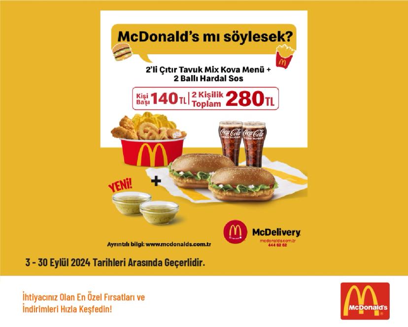 McDonalds İndirimi - 2 Kişilik Ballı Hardallı Tavuk Kova Menü Sadece 280 TL