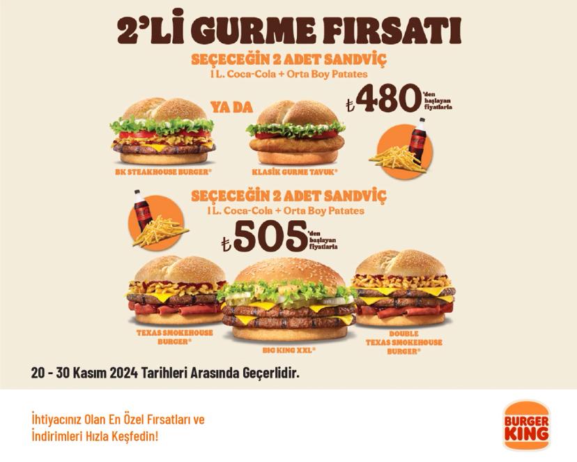 Burger King İndirimi - 2'li Gurme Menüler 480 TL'den Başlayan Fiyatlarla