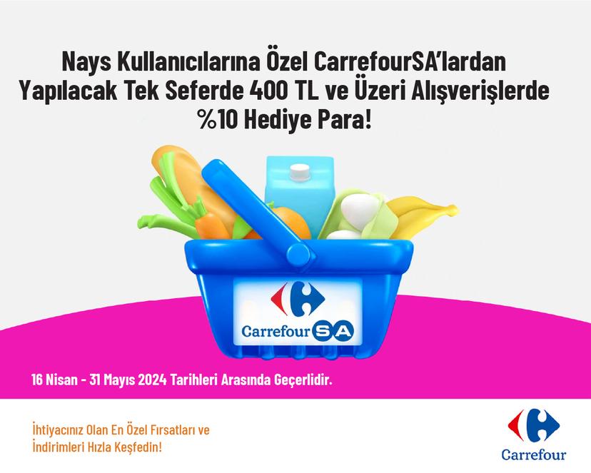 Nays Kullanıcılarına Özel CarrefourSA’lardan Yapılacak Tek Seferde 400 TL ve Üzeri Alışverişlerde %10 Hediye Para!