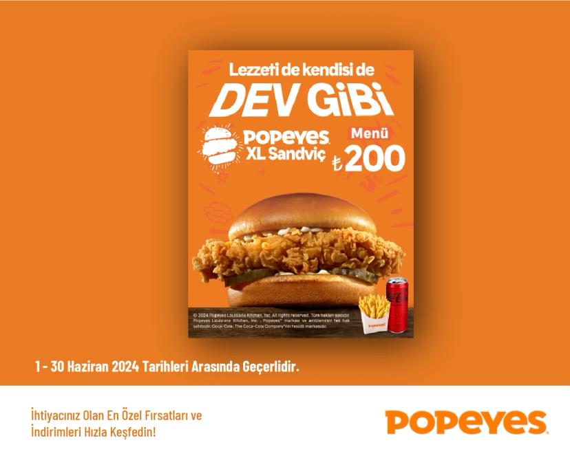 Popeyes Kampanyası - Popeyes XL Sandviç Menü 200 TL'den Başlayan Fiyatlarla
