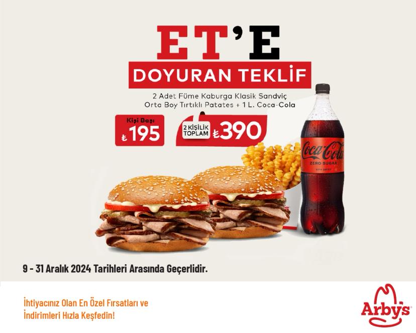 Arby's Kampanyası - Arby’s 2 Kişilik Et’e Doyuran Menü 390 TL'den Başlayan Fiyatlarla