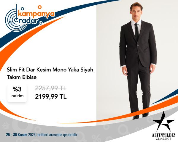 Altınyıldız Slim Fit Dar Kesim Mono Yaka Siyah Takım Elbise İndirimi