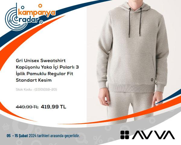 Avva Gri Unisex Sweatshirt Kapüşonlu Yaka İçi Polarlı Regular Fit
