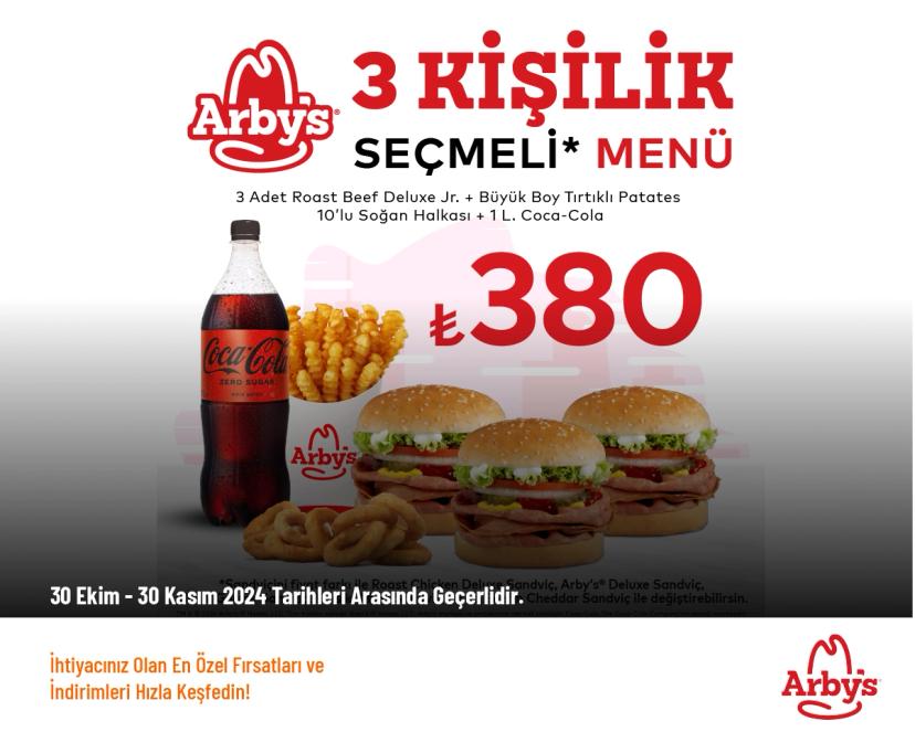 Arby's İndirimi - 3 Kişilik Seçmeli Menü 380 TL'den Başlayan Fiyatlarla