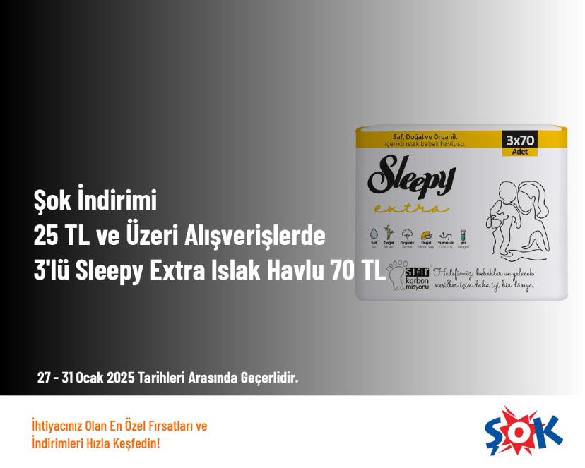 Şok İndirimi - 25 TL ve Üzeri Alışverişlerde 3'lü Sleepy Extra Islak Havlu 70 TL