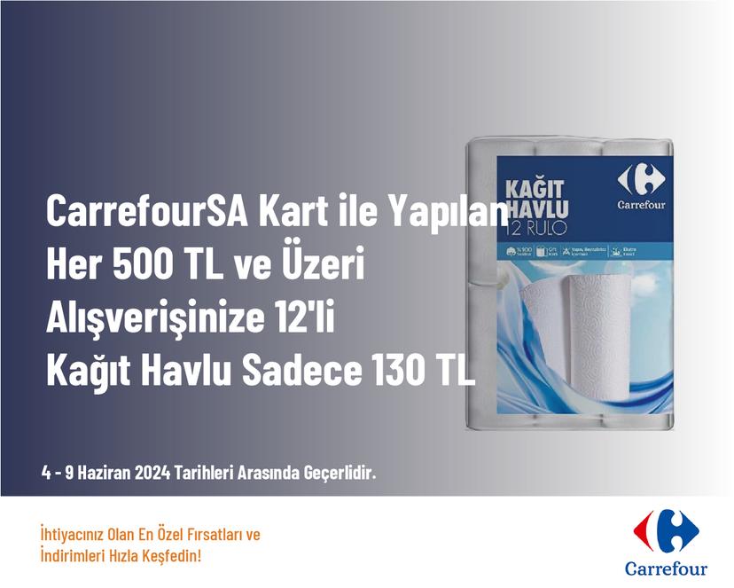 CarrefourSA Kart ile Yapılan Her 500 TL ve Üzeri Alışverişinize12'li Kağıt Havlu Sadece 130 TL