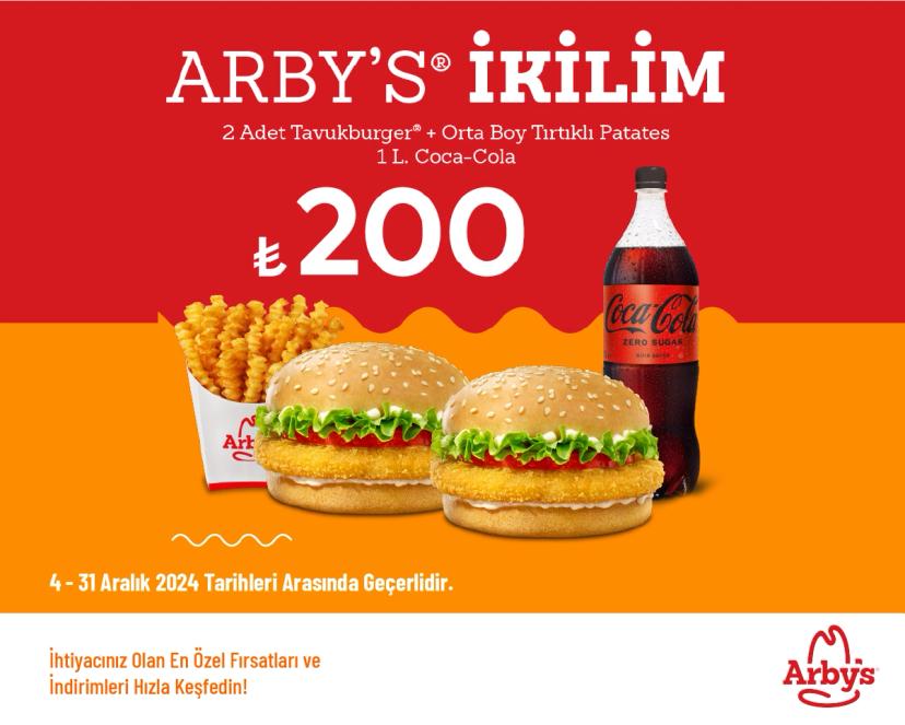 Arby's İndirimi - İkilim Menü 200 TL'den Başlayan Fiyatlarla