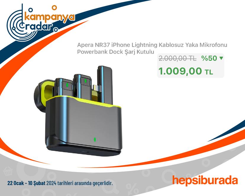 Apera NR37 iPhone Lightning Kablosuz Yaka Mikrofonu Powerbank Dock Şarj Kutulu