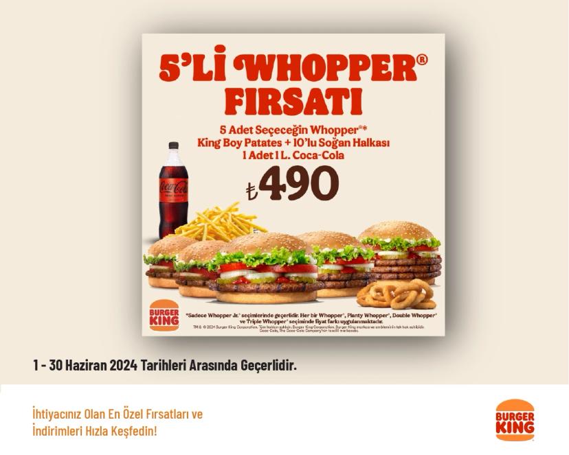 Burger King İndirimi - 5 Adet Whopper Jr Menü 490 TL'den Başlayan Fiyatlarla