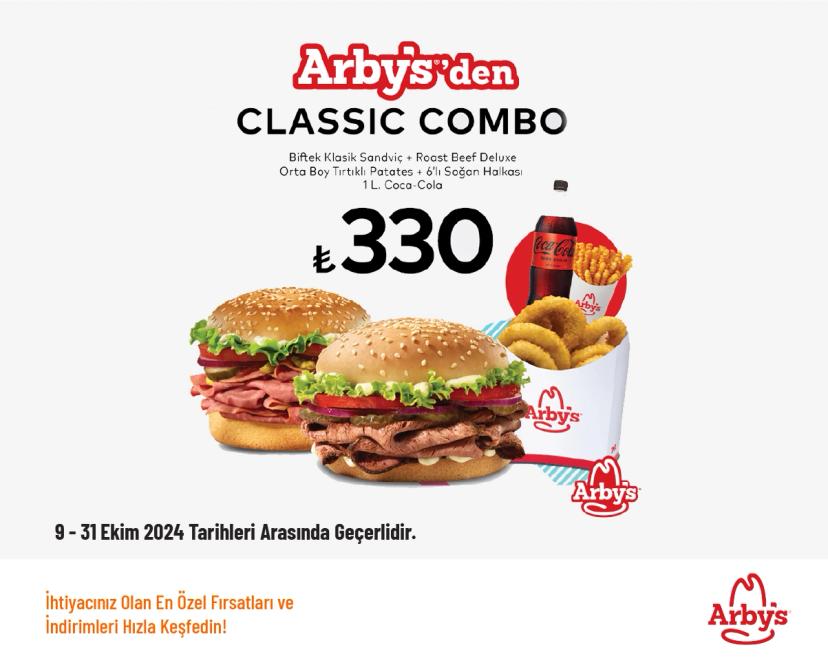 Arby's İndirimi - Classic Combo Menü 330 TL'den Başlayan Fiyatlarla