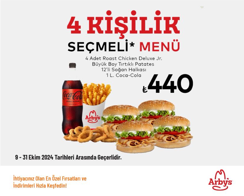 Arby's İndirimi - 4 Kişilik Seçmeli Menü 440 TL'den Başlayan Fiyatlarla