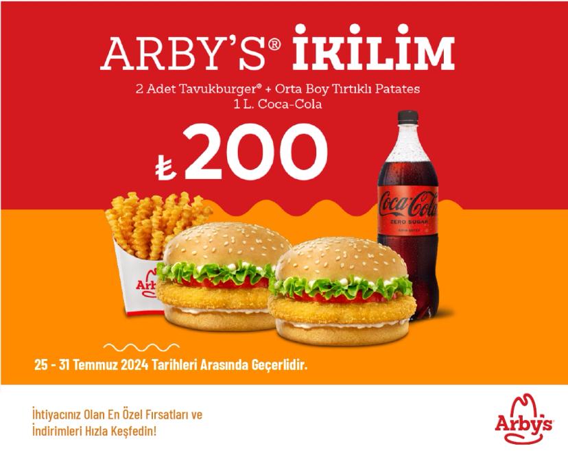 Arby's İndirimi - İkili Tavuk Burger Menü Sadece 200 TL