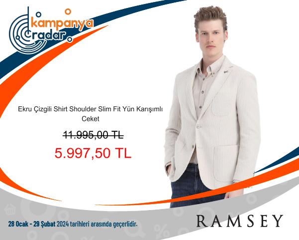 Ramsey Ekru Çizgili Shirt Shoulder Slim Fit Yün Karışımlı Ceket İndirimi