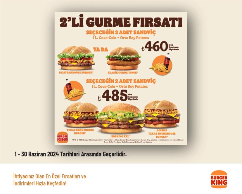 Burger King İndirimi - 2'li Gurme Menü 450 TL'den Başlayan  Fiyatlarla