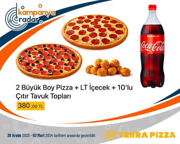 Terrapizza 2 Büyük Boy Pizza + LT İçecek + 10'lu Çıtır Tavuk Topları Terrapizza 2 Büyük Boy Pizza + LT İçecek + 10'lu Çıtır Tavuk Topları