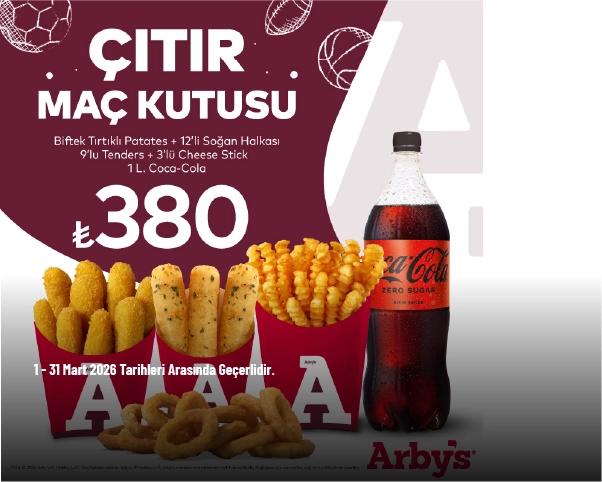 Arby's Kampanyası - Çıtır Maç Kutusu 380 TL'den Başlayan Fiyatlarla Arby's Kampanyası - Çıtır Maç Kutusu 380 TL'den Başlayan Fiyatlarla