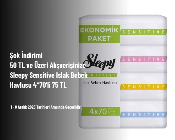 Şok İndirimi - 50 TL ve Üzeri Alışverişinize Sleepy Sensitive Islak Bebek Havlusu 4*70'li 75 TL Şok İndirimi - 50 TL ve Üzeri Alışverişinize Sleepy Sensitive Islak Bebek Havlusu 4*70'li 75 TL