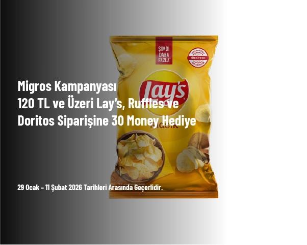 Migros Kampanyası - 120 TL ve Üzeri Lay’s, Ruffles ve Doritos Siparişine 30 Money Hediye Migros Kampanyası - 120 TL ve Üzeri Lay’s, Ruffles ve Doritos Siparişine 30 Money Hediye