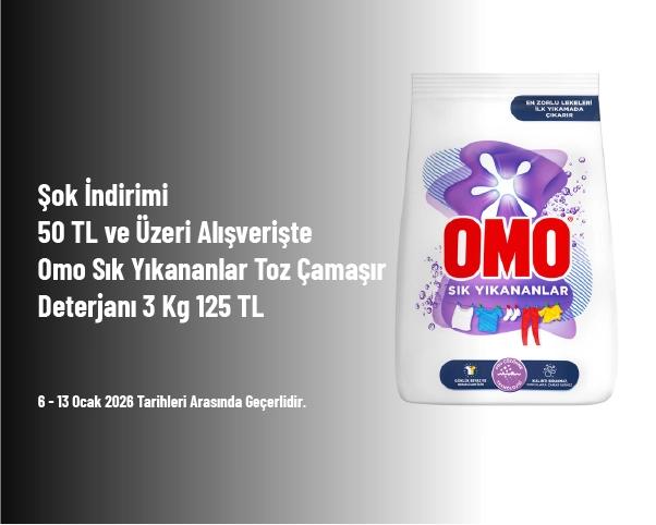 Şok İndirimi - 50 TL ve Üzeri Alışverişte Omo Sık Yıkananlar Toz Çamaşır Deterjanı 3 Kg 125 TL Şok İndirimi - 50 TL ve Üzeri Alışverişte Omo Sık Yıkananlar Toz Çamaşır Deterjanı 3 Kg 125 TL