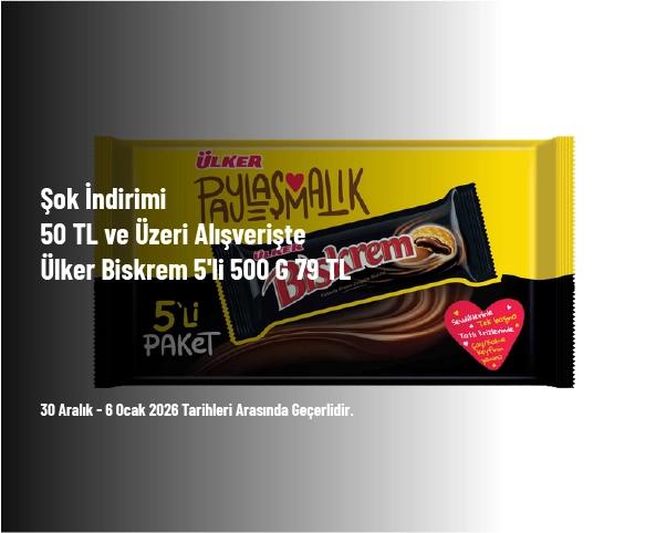 Şok İndirimi - 50 TL ve Üzeri Alışverişte Ülker Biskrem 5'li 500 G 79 TL Şok İndirimi - 50 TL ve Üzeri Alışverişte Ülker Biskrem 5'li 500 G 79 TL