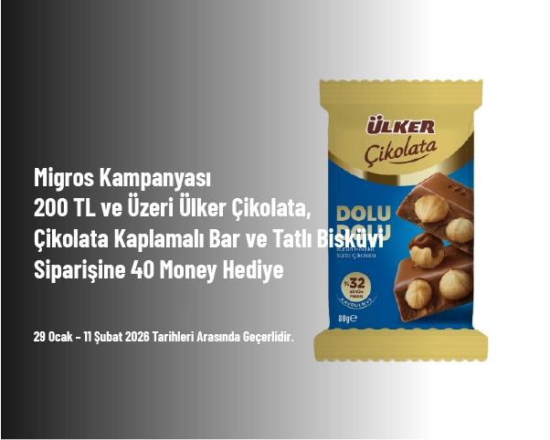 Migros Kampanyası - 200 TL ve Üzeri Ülker Çikolata, Çikolata Kaplamalı Bar ve Tatlı Bisküvi Siparişine 40 Money Hediye Migros Kampanyası - 200 TL ve Üzeri Ülker Çikolata, Çikolata Kaplamalı Bar ve Tatlı Bisküvi Siparişine 40 Money Hediye