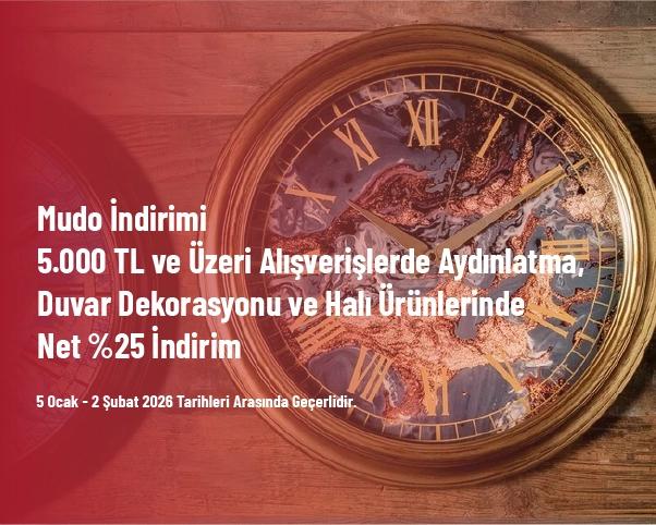 Mudo İndirimi - 5.000 TL ve Üzeri Alışverişlerde Aydınlatma, Duvar Dekorasyonu ve Halı Ürünlerinde Net %25 İndirim Mudo İndirimi - 5.000 TL ve Üzeri Alışverişlerde Aydınlatma, Duvar Dekorasyonu ve Halı Ürünlerinde Net %25 İndirim