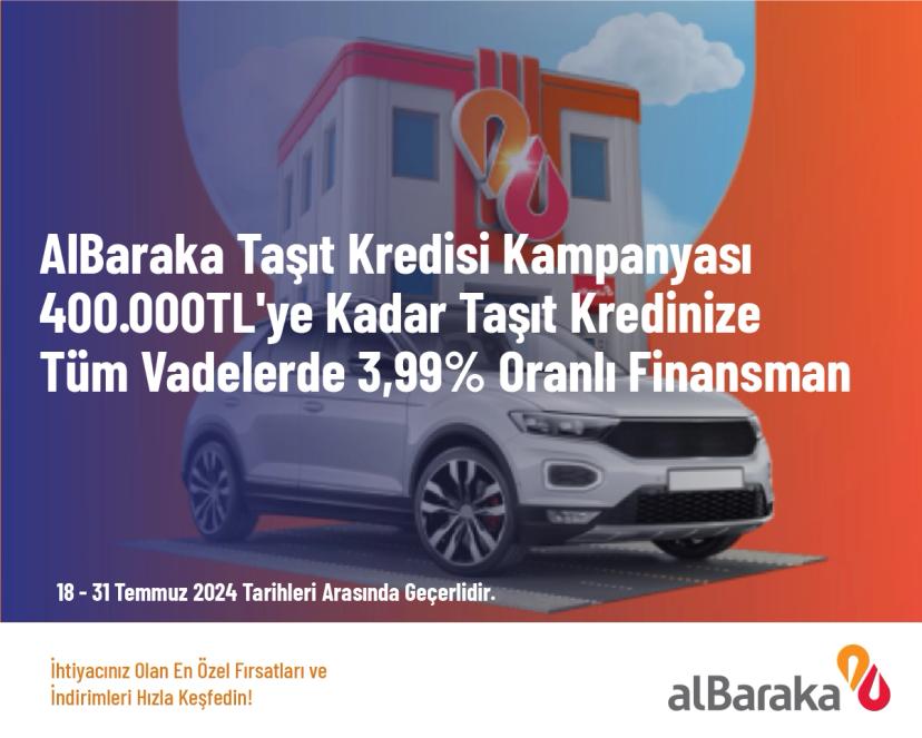 AlBaraka Taşıt Kredisi Kampanyası - 400.000TL'ye Kadar Taşıt Kredinize Tüm Vadelerde 3,99% Oranlı Finansman AlBaraka Taşıt Kredisi Kampanyası - 400.000TL'ye Kadar Taşıt Kredinize Tüm Vadelerde 3,99% Oranlı Finansman